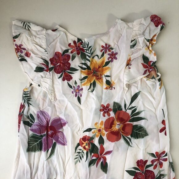 Old Navy Women’s White Floral Ruffle Flutter Short Sleeve Tropical Top Medium - Picture 10 of 14